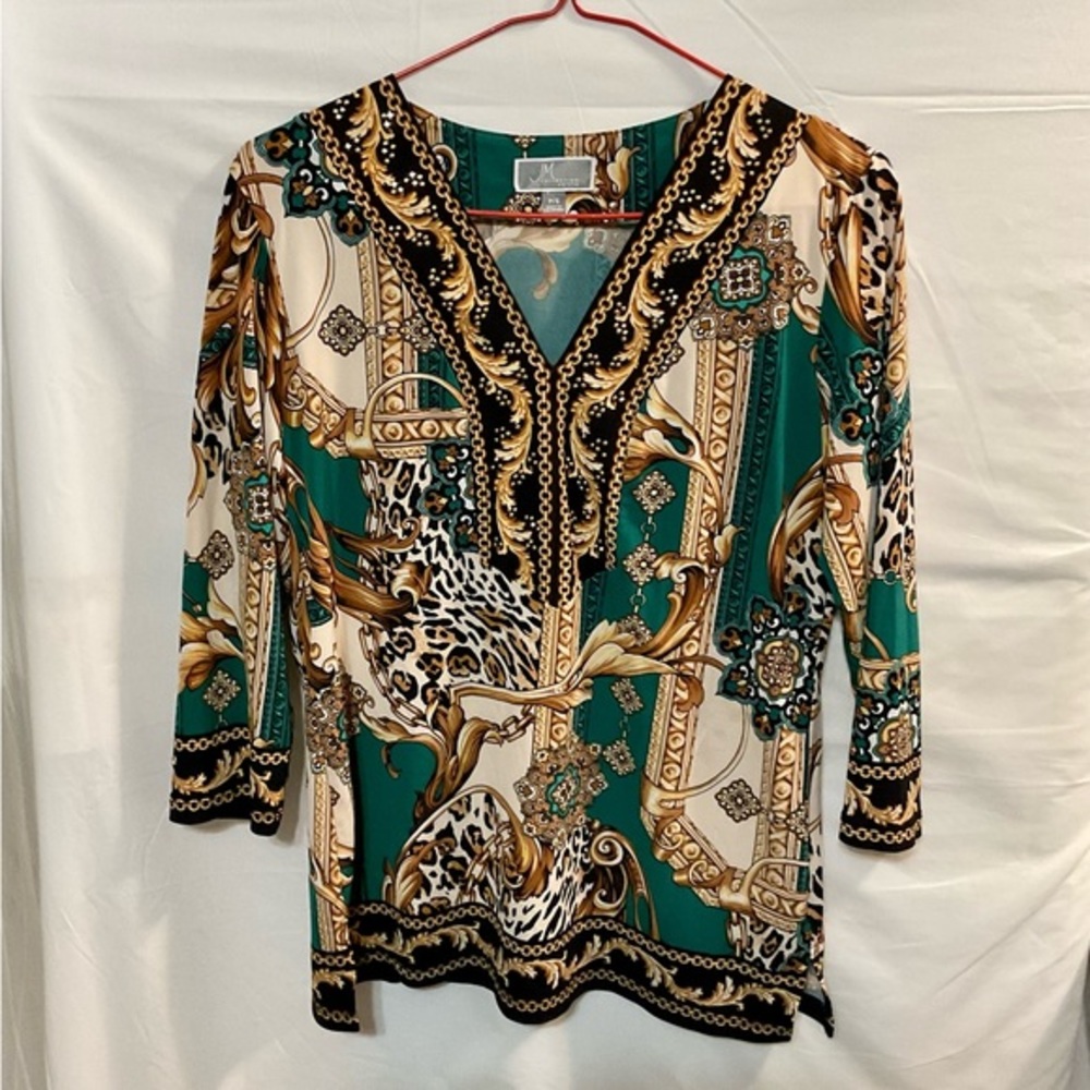 JM Collection Green Beige & Tan V -Neck Top
